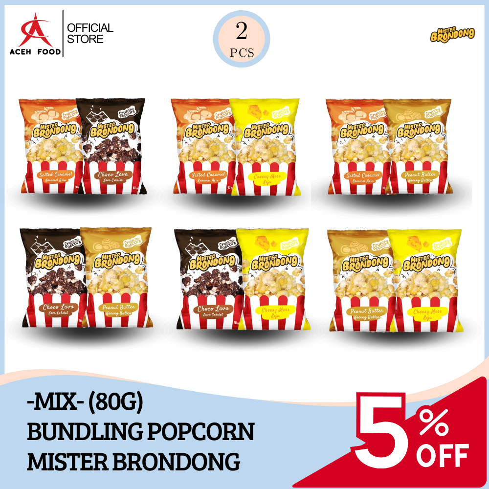 

Bundling Popcorn Mister Brondong MIX 80gr x2pcs | Lezat, Renyah, Crispy, Halal, PIRT | Makanan Ringan Jagung Rasa Coklat, Karamel, Selai Kacang, Keju | Snack Praktis buat Nonton, Bekal, Anak Kos, Keluarga | Cemilan Enak, Kekinian, Populer | Aceh Food