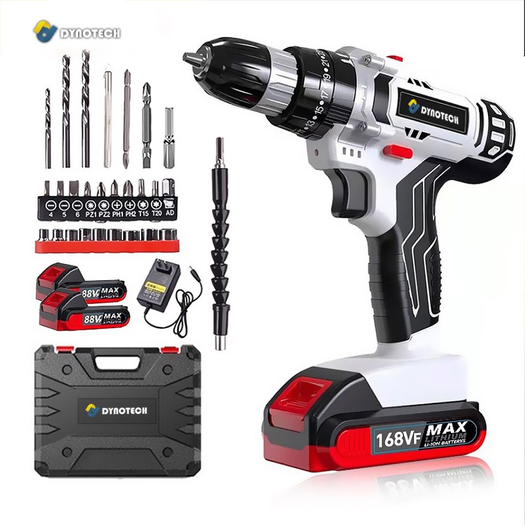 DYNOTECH Bor Listrik Tangan Cordless 168VF Mesin Bor Baterai Rechargeable Obeng Bor Set Full Aksesor
