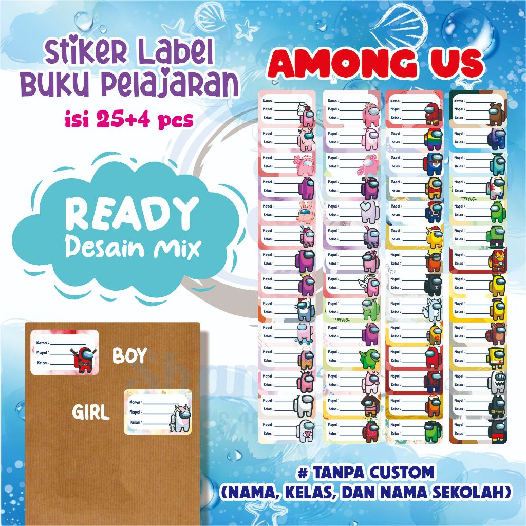 

( 25pcs ) Stiker Label Buku Pelajaran Ready Desain Mix AMONG US | Stiker Mix Buku Murah | Stiker Buku Ready