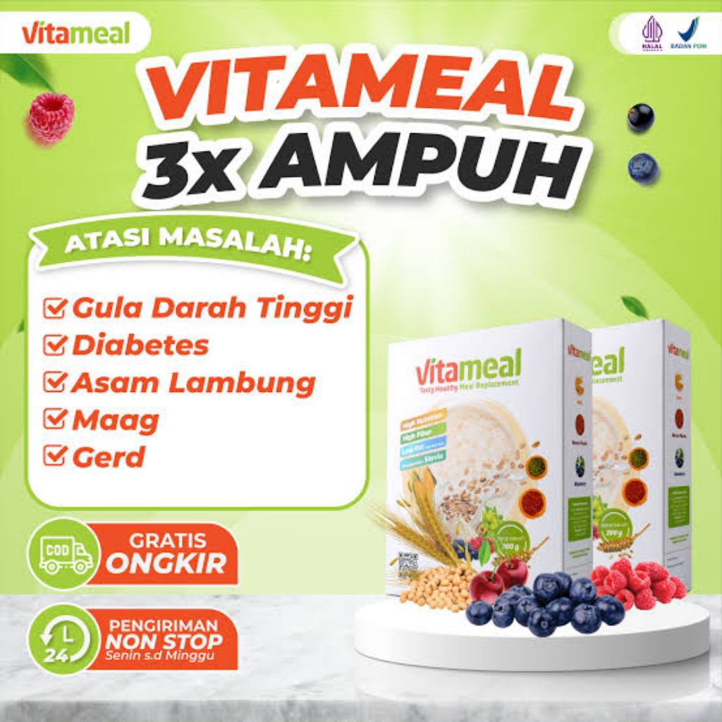 

Vitameal Sereal Sehat Pengganti Nasi dan Makan Multigrain - Solusi Terbaik Atasi Asam Lambung Magh Akut Diabetes Gerd Kolestrol Suplemen Makanan Diet Meal replacement aman