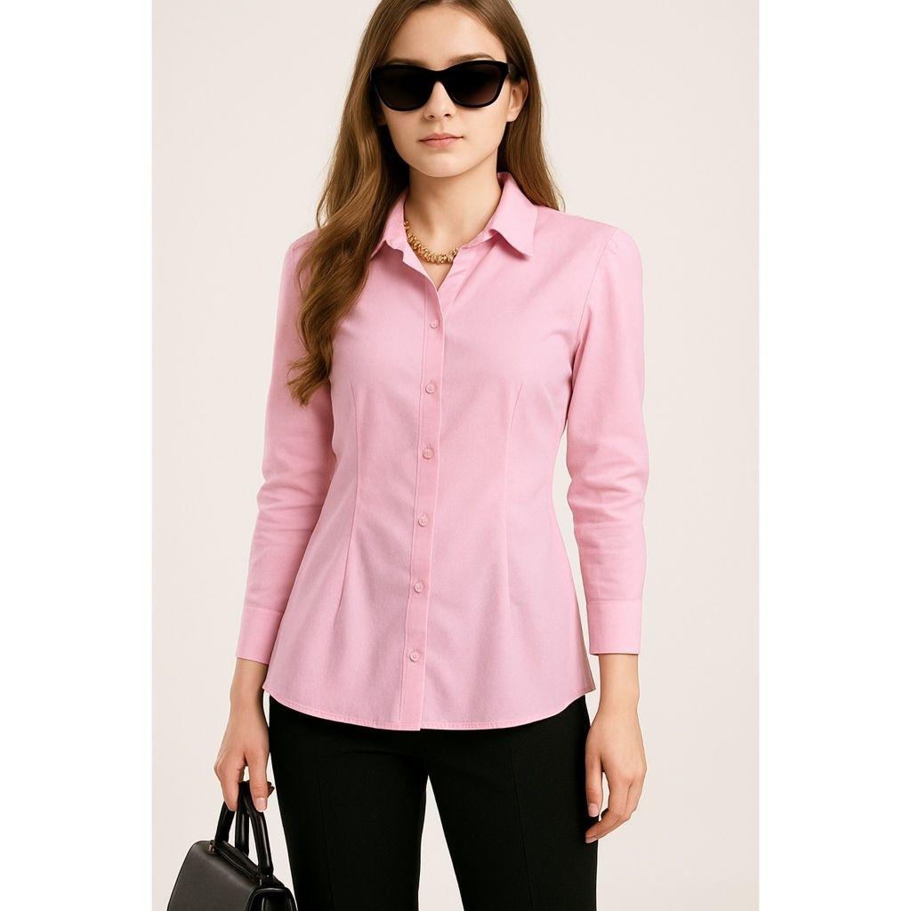 kemeja formal wanita lengan panjang pink baby