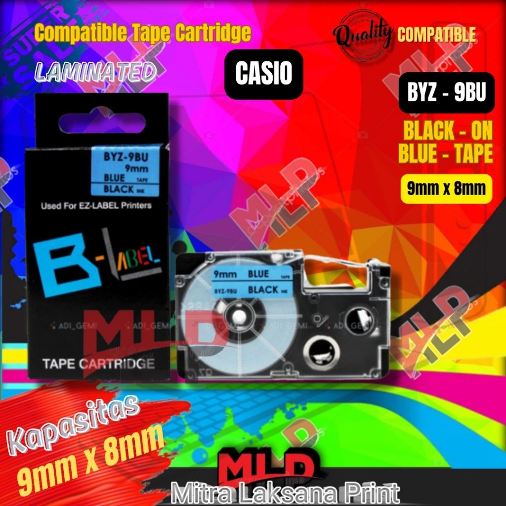 

Label Tape Casio 9mm Black On Blue Compatible Catridge BYZ-9BU 9MM x 8M