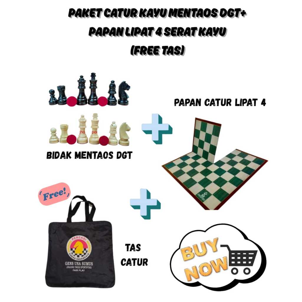 Paket Bidak Catur Kayu  MENTAOS DGT + Papan Catur Lipat 4 Full Serat hijau FREE TAS