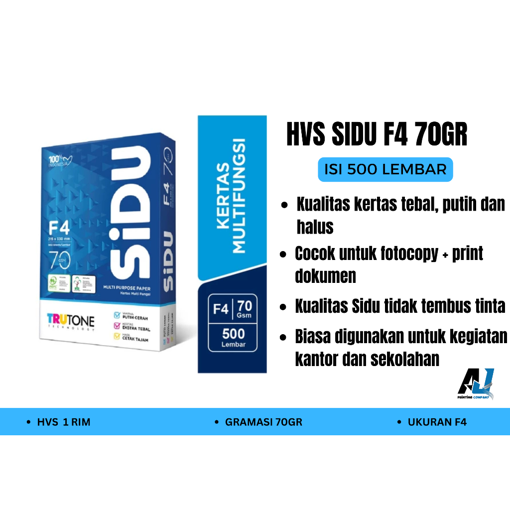 

(TERMURAH) SIDU KERTAS HVS F4 FOLIO 70 GSM 1 RIM 500 LEMBAR KERTAS FOTOCOPY PRINT FOTOKOPI