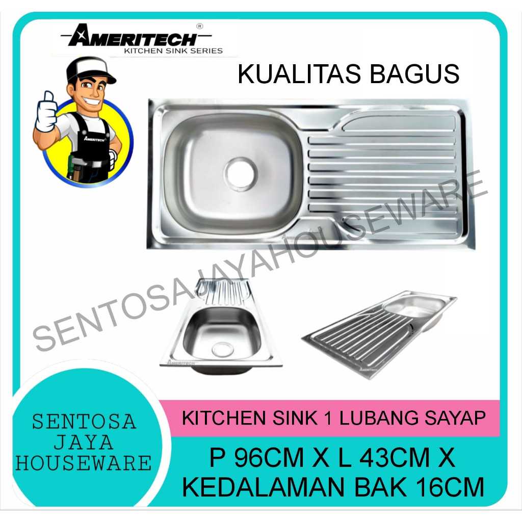 BAK CUCI PIRING 1 LUBANG SAYAP STAINLESS MERK AMERITECH / TEMPAT CUCI PIRING 1 LUBANG AMERITECH