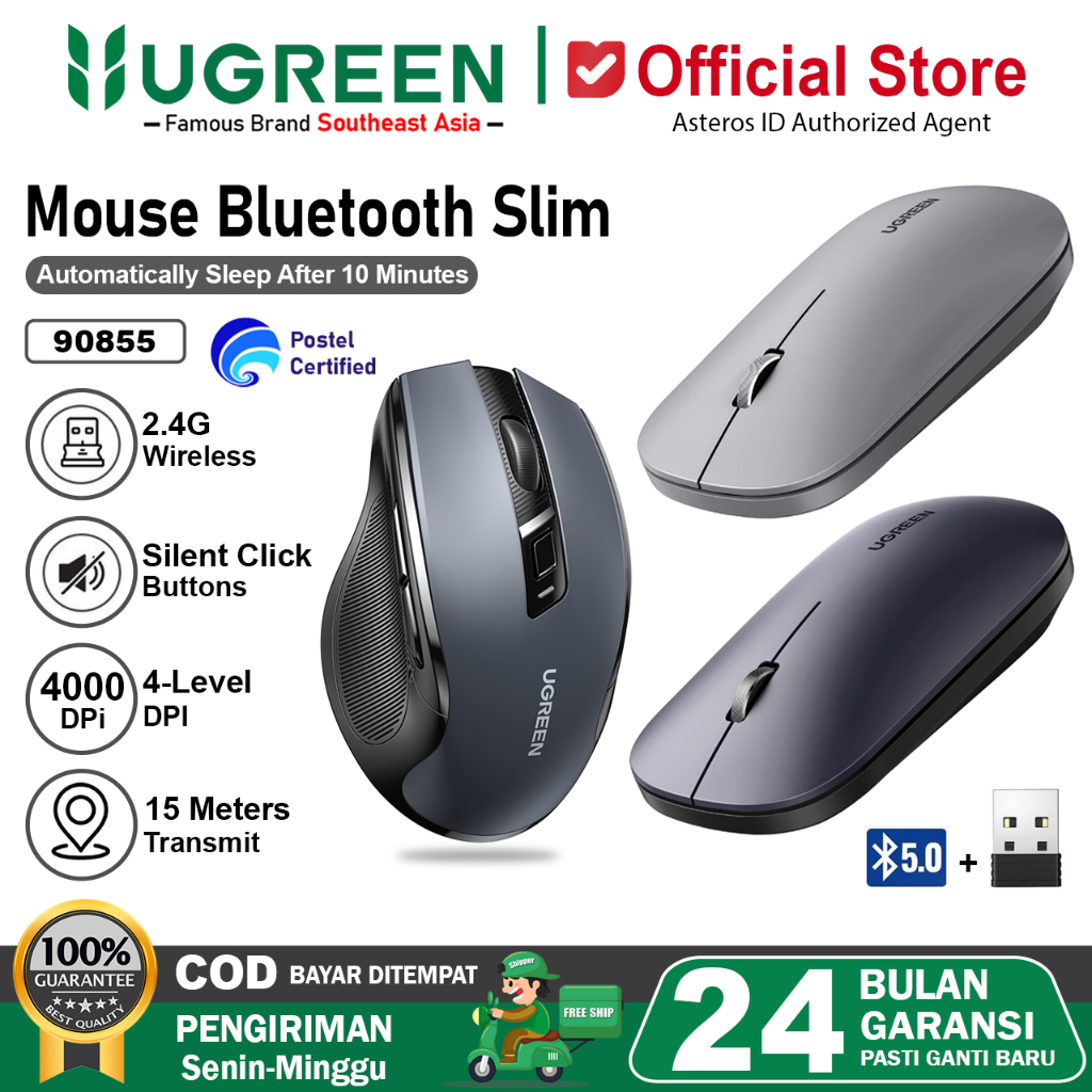 UGREEN Mouse Wireless Dual Koneksi Bluetooth & dongle Silent Click For Windows Linux Mac
