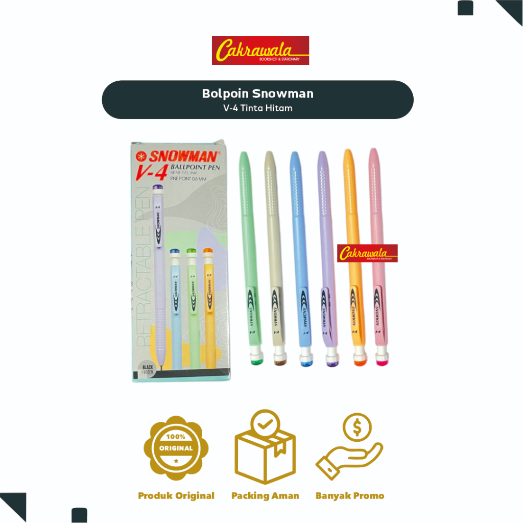 

Bolpoin Snowman V-4 Tinta Hitam | 1 Pack Isi Pulpen Casing Warna-warni | Pulpen Snowman Original