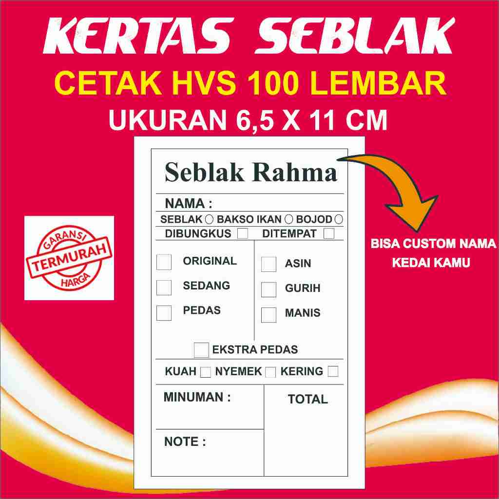 

100 Pcs Kertas Pesan Seblak Prasmanan Kualitas Premium Ukuran 6,5 X 11 Cm Hvs 80Gsm
