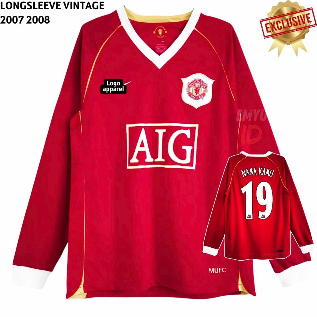 Longsleeve Jersey Retro Mnchstr Untd Home 2007 2008 LS Baju Bola Lengan Panjang Vintage MU Emyu Mera