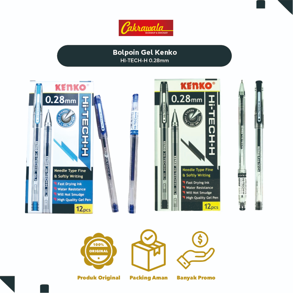 

Bolpoin Gel Kenko HI-TECH-H 0.28mm / Pulpen Gel Ujung Runcing Warna Hitam & Biru / Hi-Tech Original