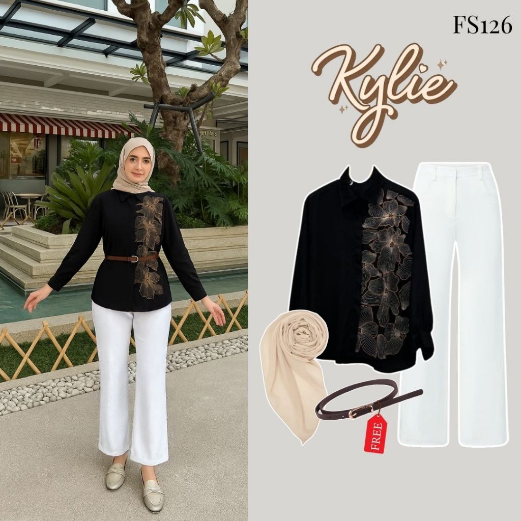 One Set Wanita Kekinian Anara Bordir (Blouse, Celana, Hijab) OOTD Fashion ABG Keren & Trendy | FS126