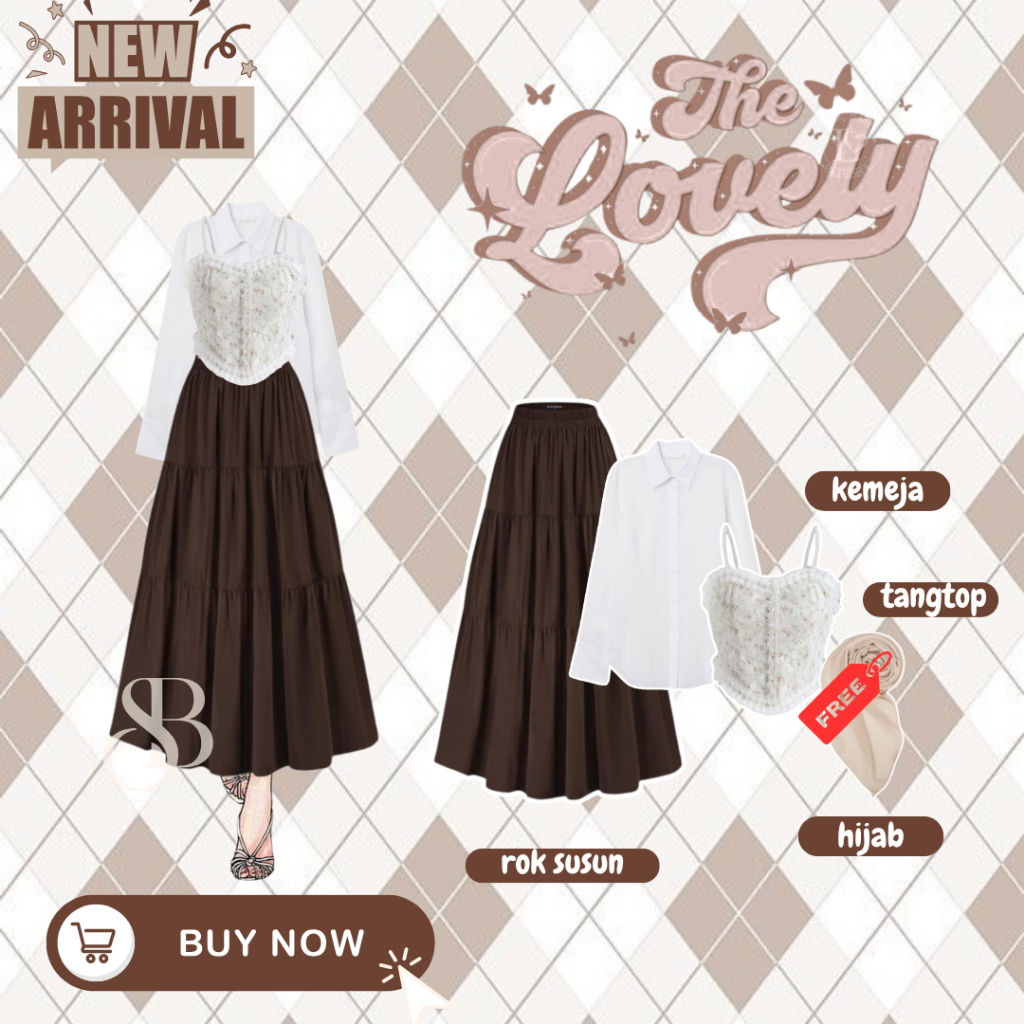 Oneset Hijab Kekinian ✿ OOTD Stylish ✿ Gaya Unik & Manis (Kemeja + Tanktop + Rok + Free Hijab) SB015