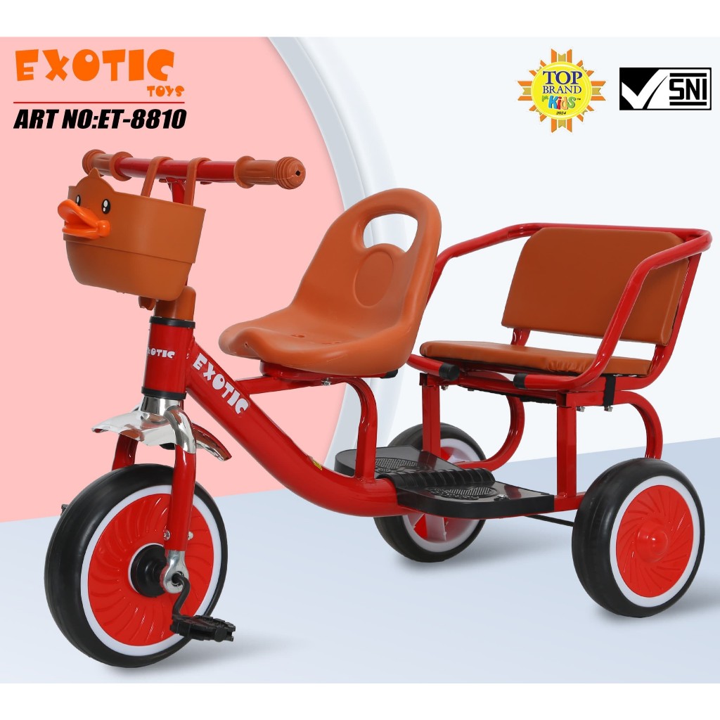 [Warna Chat] Exotic Sepeda Roda Tiga Anak Kembar ET8810 Dengan Keranjang Bebek Dan Ban Eva Exotic To