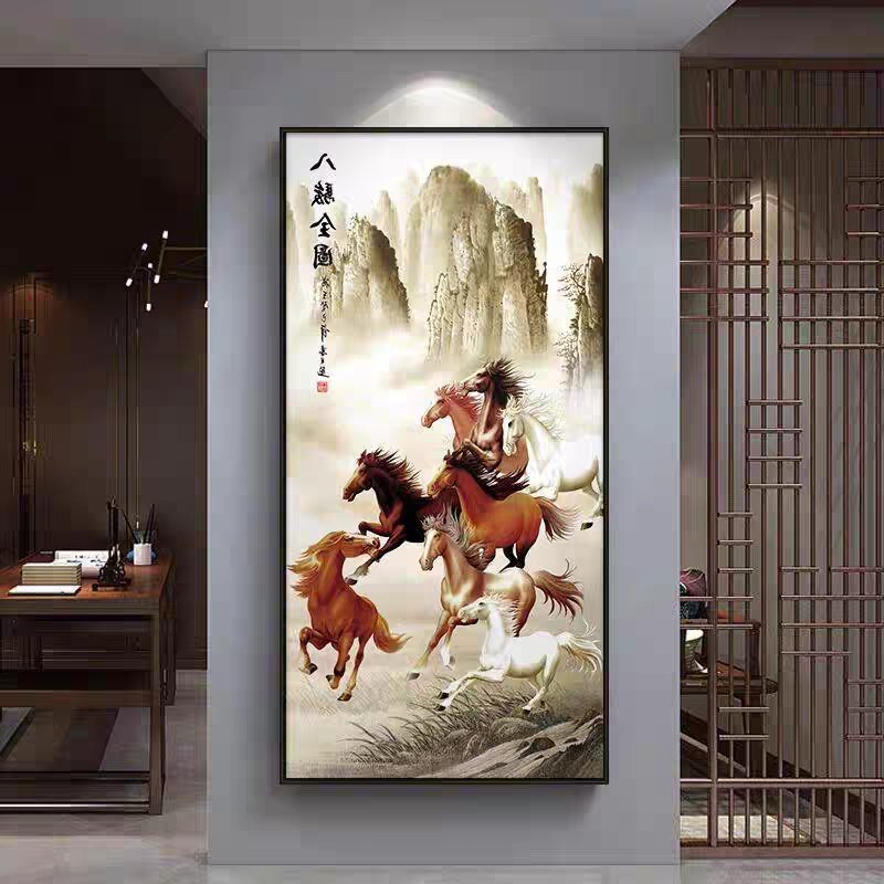 Lukisan Porcelain 5D Hiasan Dinding Detail Diamond - Model 8 Kuda Vertikal - Mewah & Elegan