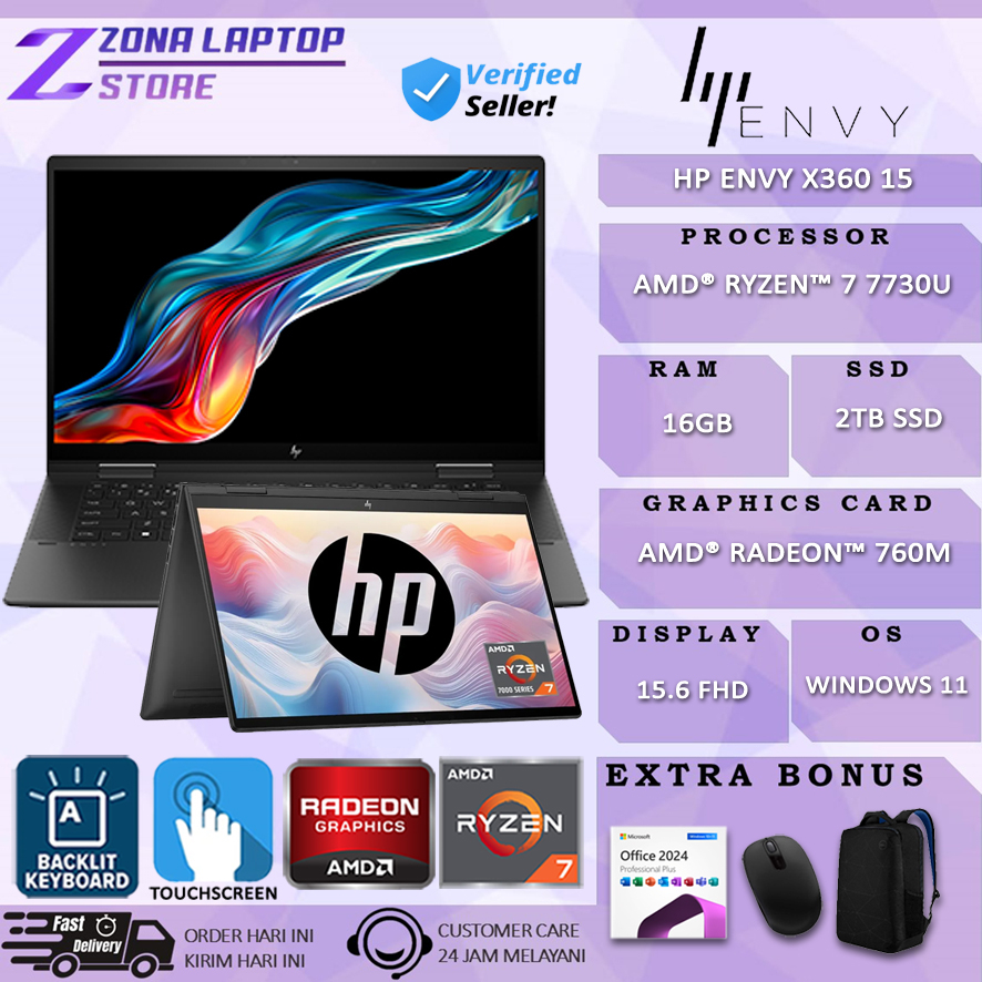 Laptop Touchscreen  2in1 HP Envy X360 Amd Ryzen 7 7730U Ram 16GB 2TB Ssd 15.6" FHD Windows 11 Home