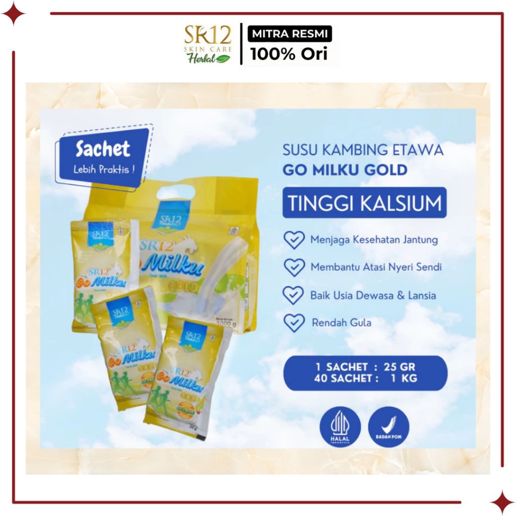 

SR12 Official Mitra - Go Milku Gold Susu Kambing Etawa kemasan Pouch 1kg isi 40 sachet x 25gr rasa Original - Membantu kesehatan sendi dan tulang serta menyehatkan lambung dan saluran nafas jadi lancar - SR12 Reseller Riau - Pekanbaru - Sumatera