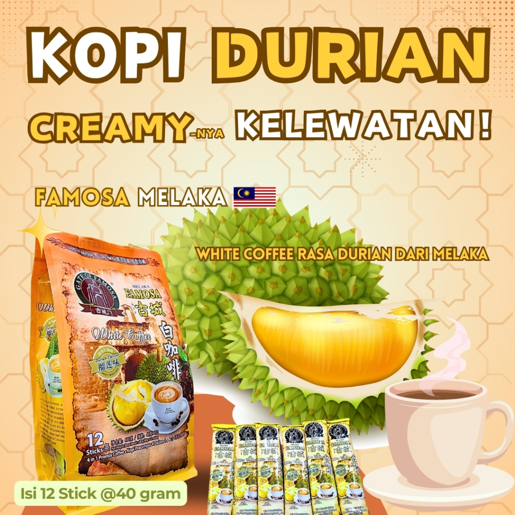 

12 Sticks X 40Gram Gate Of Famosa Melaka White Coffee Durian Flavour Bubuk Kopi Putih Rasa Durian