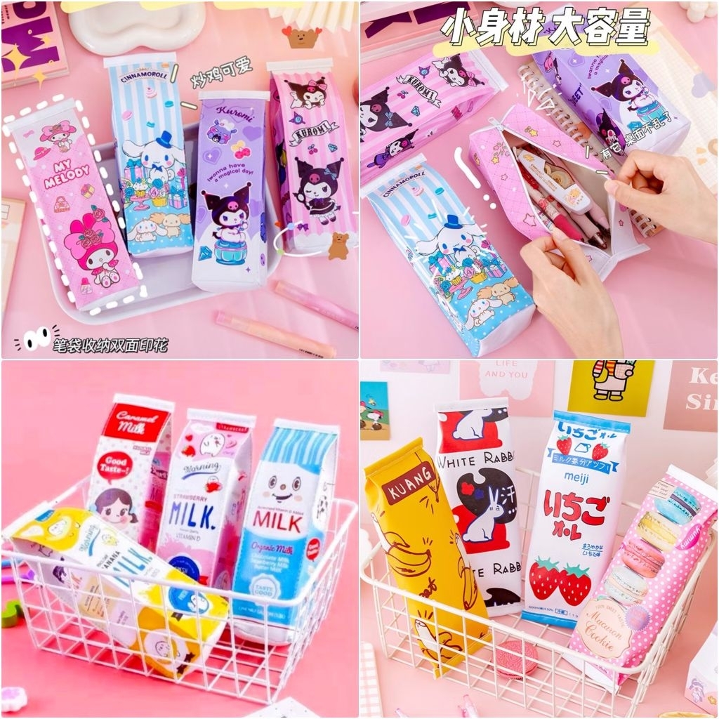 

( Ecer ) Tepak Kotak Pensil Susu / Pouch Resleting Saku Karacter Free Plastik Opp