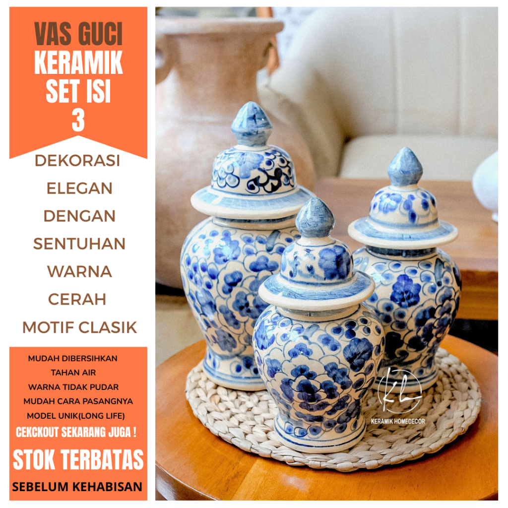 VAS MEJA PAJANGAN GUCI KERAMIK SET ISI 3,HIASAN RUANG TAMU CANTIK UNIK ESTETIK