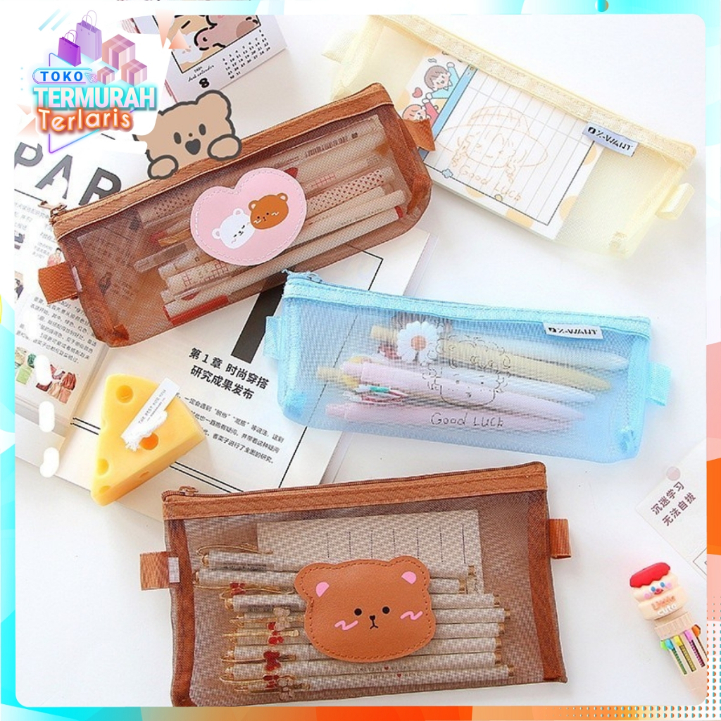 

TTT Tempat Pensil Zipper Coklat Motif Beruang Dompet Pensil Coklat Lucu Motif Bear Tempat Makeup Teddy Brown Model Jaring Transparan dan Multicolour Cute