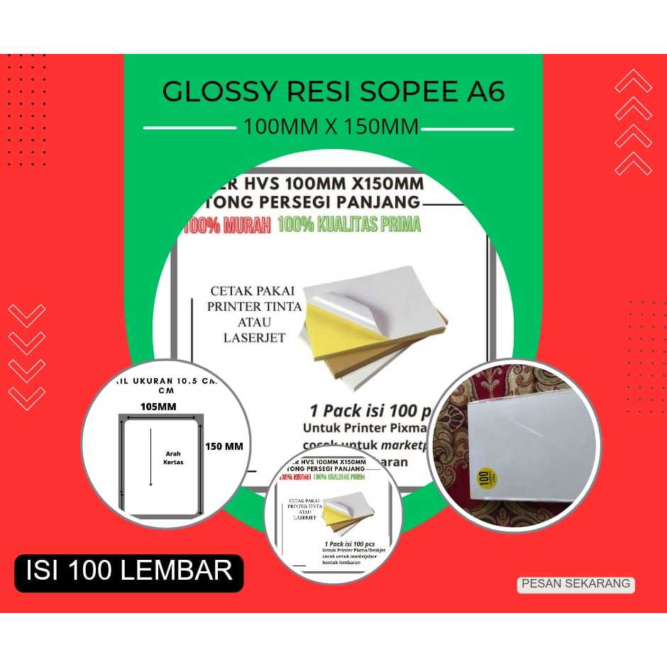 

GLOSSY MENGKILAT Stiker Label Resi HVS A6 10Cm X 15Cm Untuk Olshop Shopee isi 100pcs