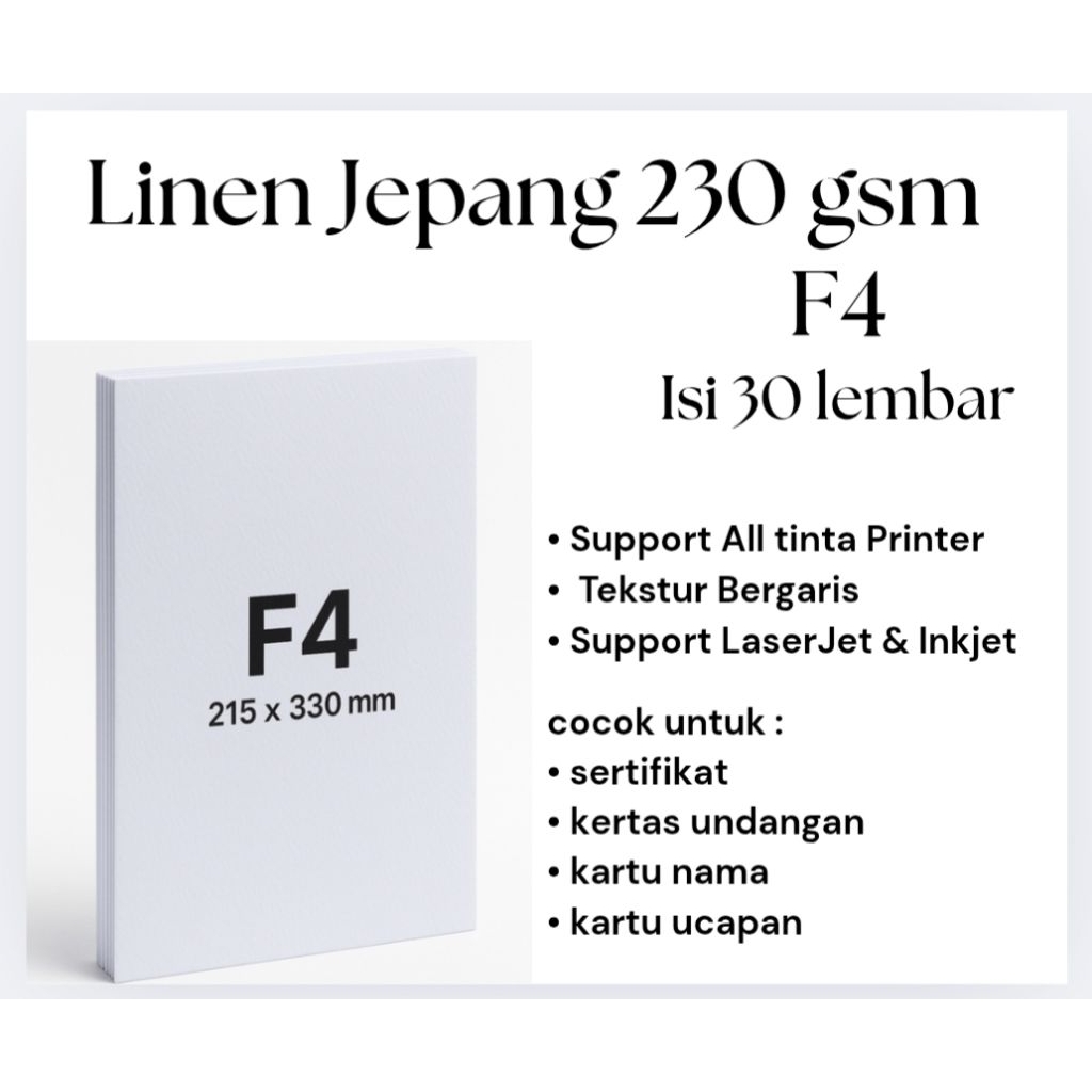 

Kertas Linen Jepang Premium Isi 30 Lembar F4 230 gsm – Kertas Tebal Untuk Sertifikat, Undangan | Tekstur Elegan.