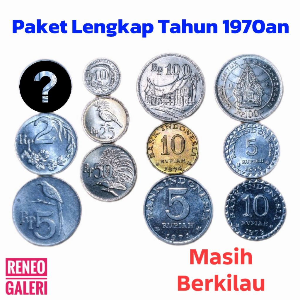 Berkilau Paket Lengkap Koin Tahun 70an set Uang Kuno logam rupiah Indonesia asli original 12 Keping 