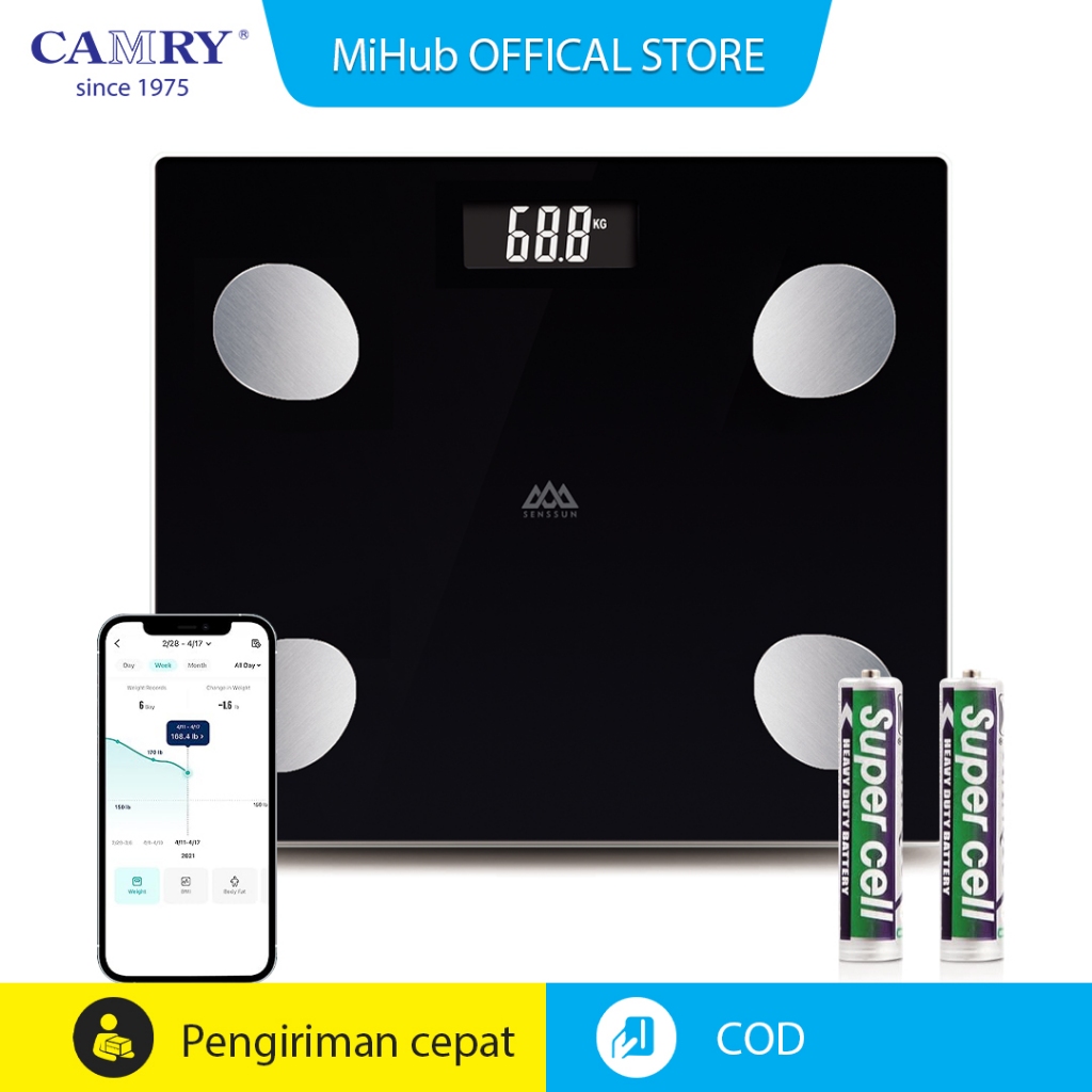 Camry Timbangan Lemak Tubuh Digital - Akurat 22 Data, Max 150kg, Layar LCD, Chip SOC Presisi Tinggi