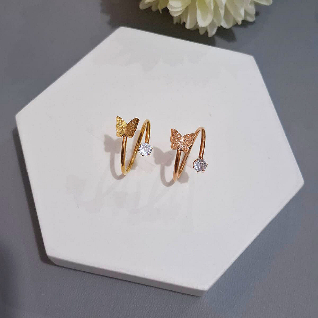 Cincin Titanium Kupu Kupu Mata Satu Simple Wanita Anti Karat Asli Fashion Korea Style