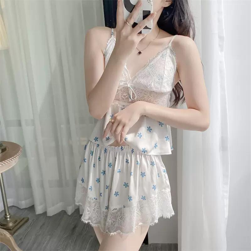 CAMILE - Baju Tidur Wanita Sexy Hot One Set Tanktop Celana Pendek Adem Lembut Ice Silk