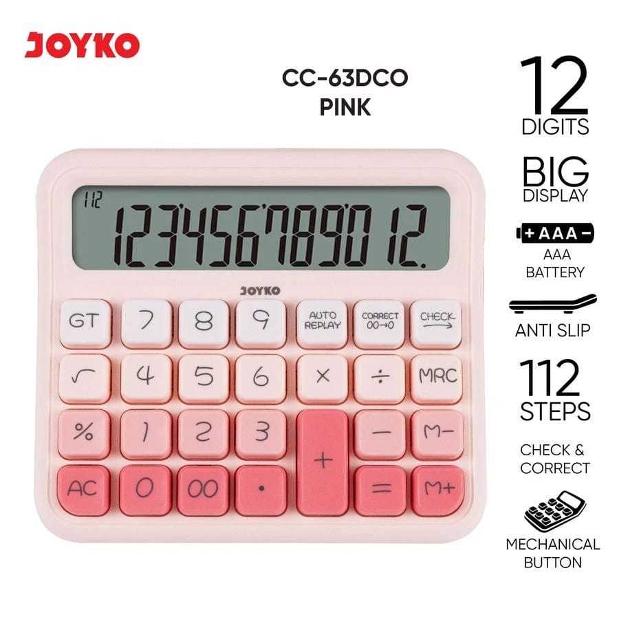 

Kalkulator Joyko CC-63DCO Pink 12 Digit | Tombol Mekanik | Check & Correct 112 Langkah | Anti Slip