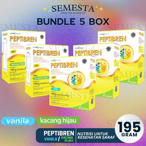 

Bundle 5 Box – Peptibren Rasa Vanila / Kacang Hijau | Berat 195 gr | Nutrisi Kesehatan Saraf