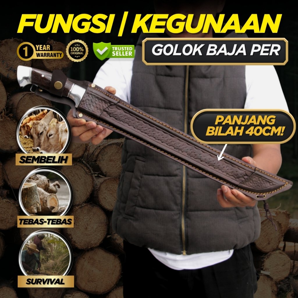 GOLOK KEBUN Pamoroan Kulit Panjang Bilah 40 Cm | Perkakas Kebun Multifungsi > GOLOK Baja Asli Super 