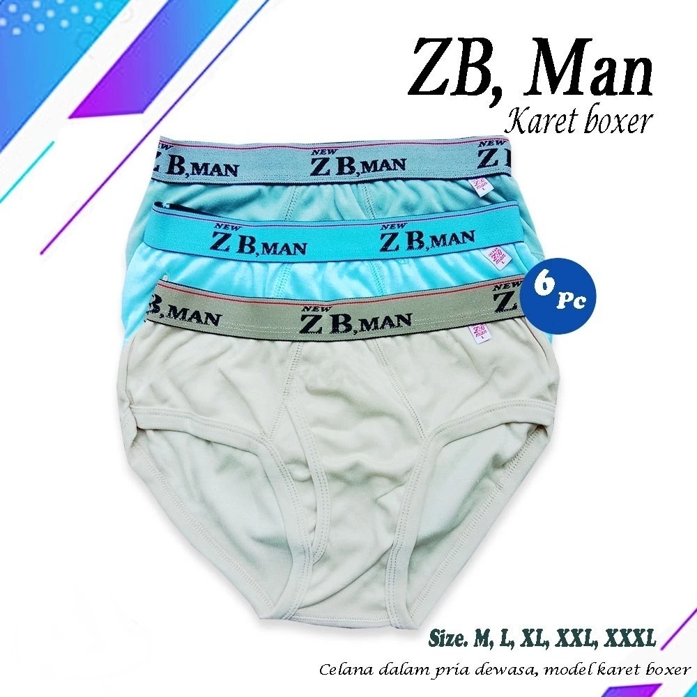 (6Pcs) CD ZB Man Boxer | Celana Dalam Pria ZB-Man Kerut Karet Boxer | CD Pria Jumbo