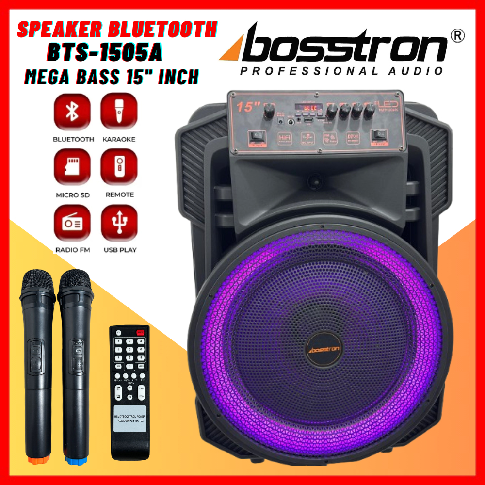 BOSSTRON SPEAKER PORTABLE SPEAKER BLUETOOTH BTS-1505A SPEAKER AUDIO KARAOKE 15 INCH