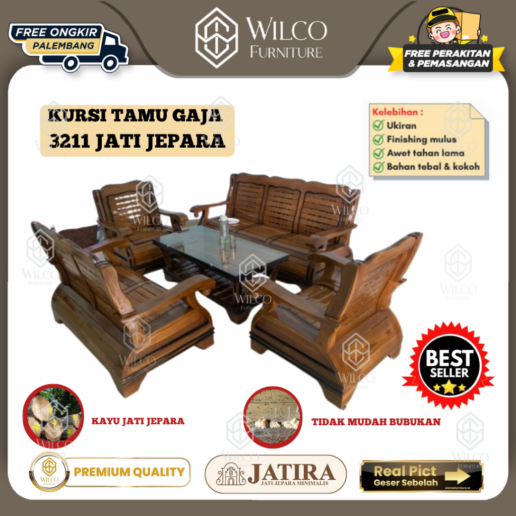 Kursi Tamu Jati Gajah JATIRA + Meja |  Sofa Sudut Jati Ukir Jepara 3211 Ukir Gajah | Kursi Tamu Jati