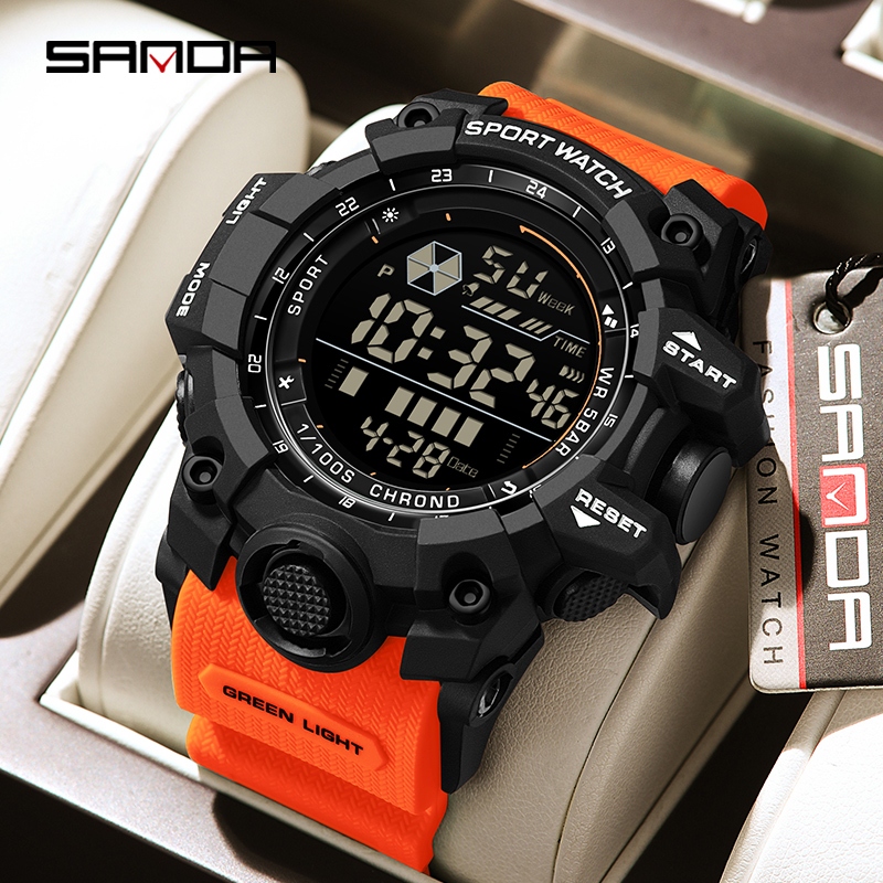 SANDA Jam Tangan Elektronik Pria Mewah Jam Tangan Chronograph Kalender Bercahaya LED Tahan Air Multi