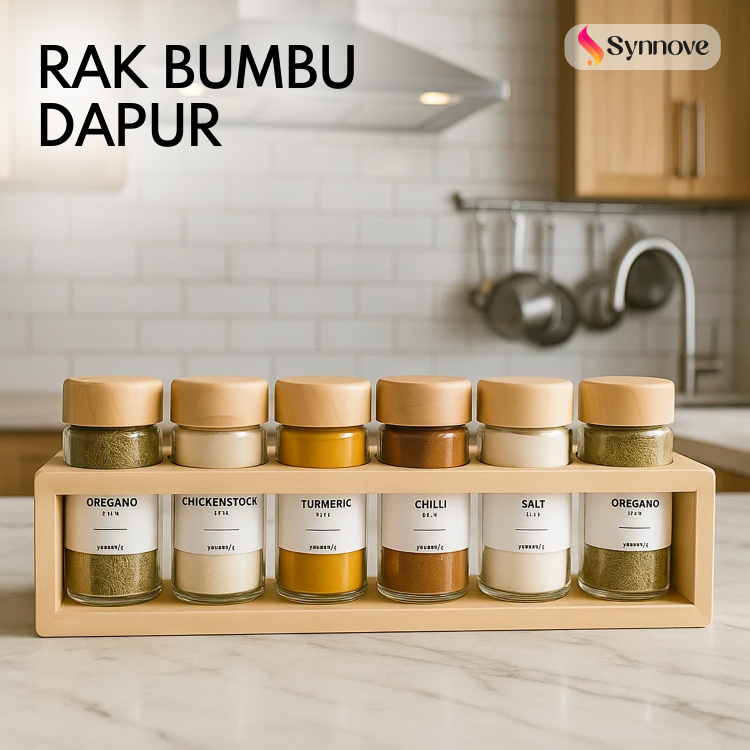 Rak Bumbu Dapur Estetik 6 Botol Kaca Spice Jar Rak Bumbu Kayu Storage Tempat Bumbu Dapur