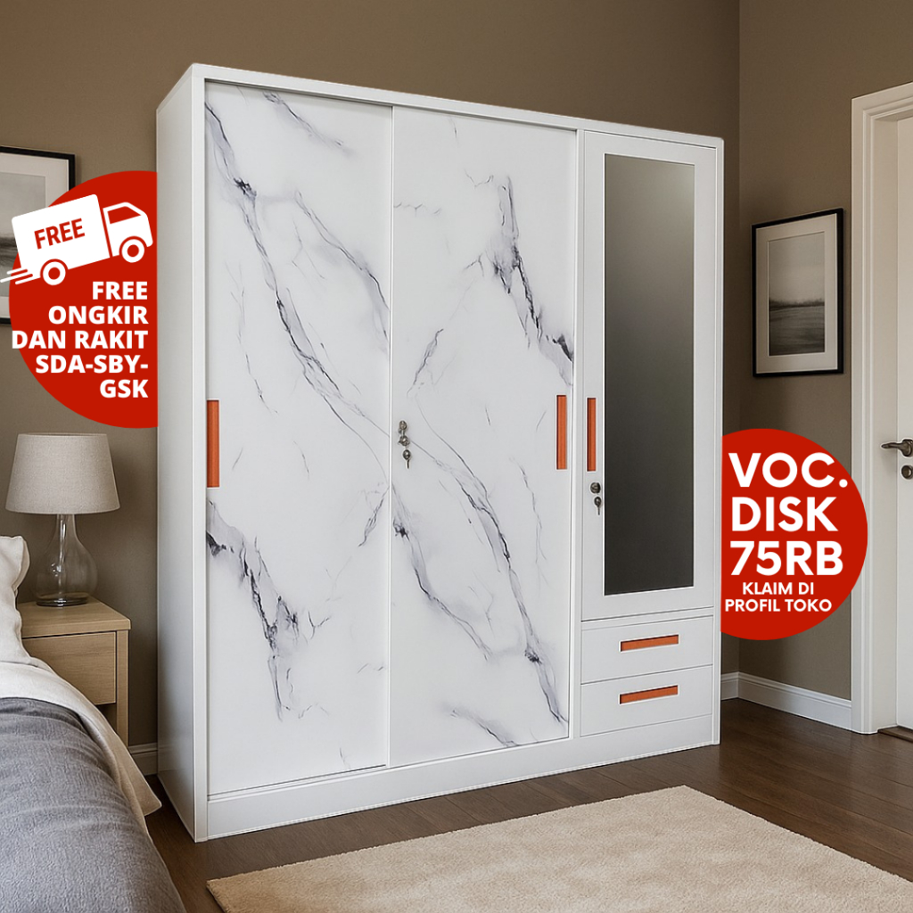 Lemari Pakaian Besi 3 Pintu - Lemari Besi 3 Pintu Jumbo 150 Sliding, Lemari Pintu Geser Anti Rayap
