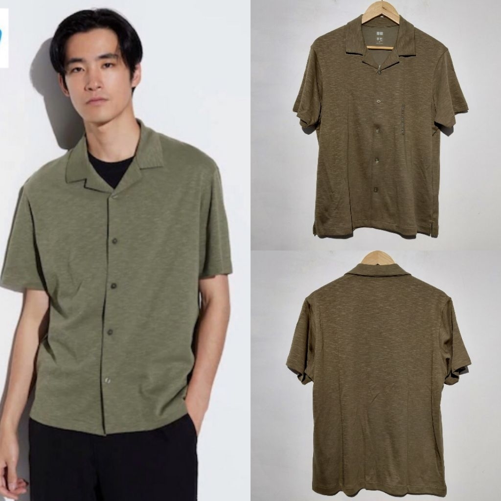 UNIQLO AIRISM KEMEJA KATUN KAOS POLO KERAH TERBUKA 56 OLIVE BARU ASLI ORIGINAL
