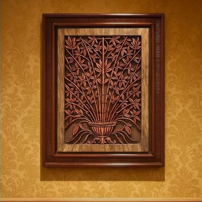 Hiasan dinding ukiran kayu taman bunga 75x60