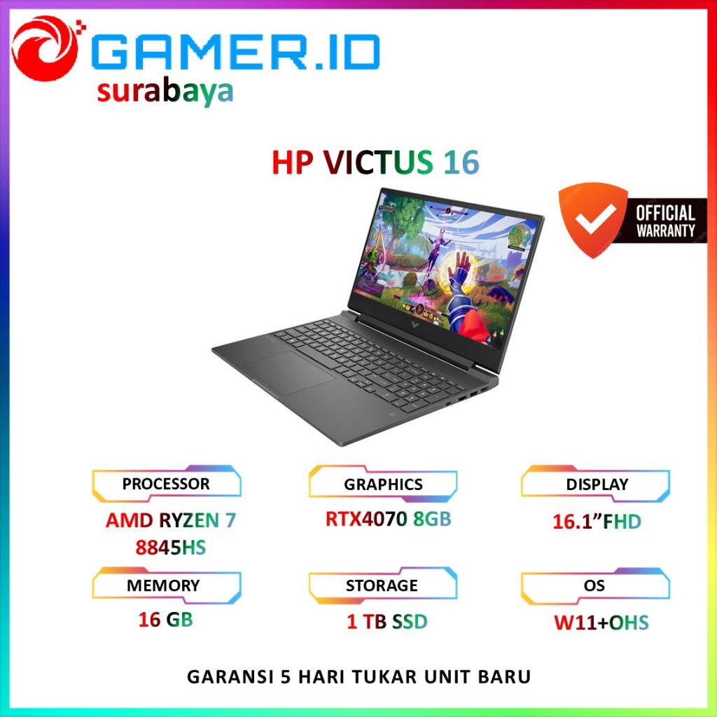 LAPTOP HP VICTUS 16 RYZEN 7 8845HS RTX4070 8GB/ 16GB 1TB 16.1FHD 165HZ 100SRGB