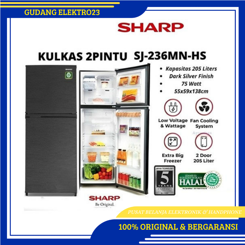 KULKAS SHARP SJ-236MNHS LOW WATT 2 PINTU GARANSI RESMI
