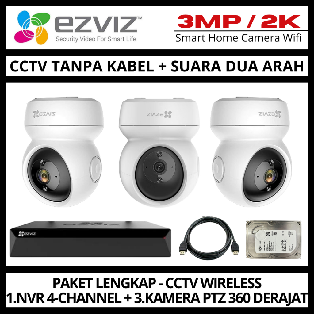 Paket CCTV EZVIZ 3MP 4 Channel 3 Kamera CCTV WIFI Camera Wireless Kamera Wifi
