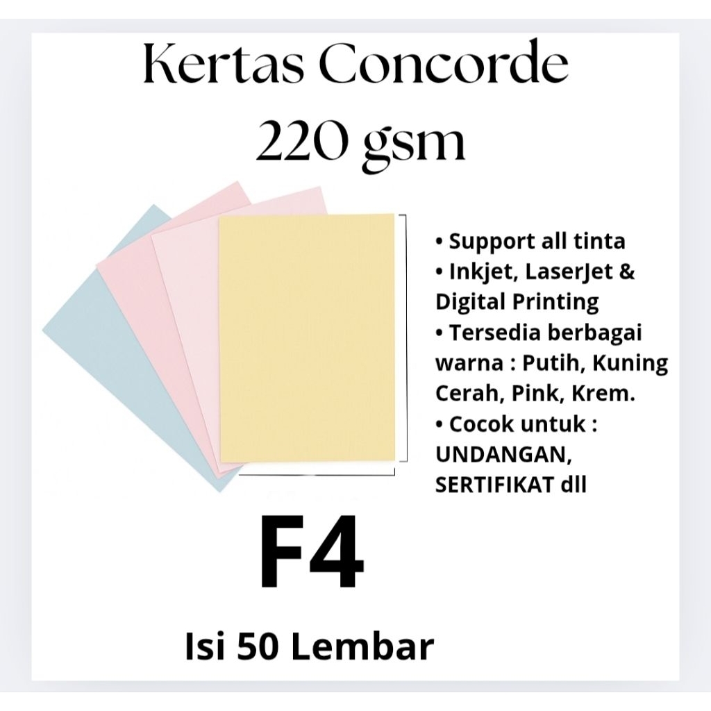 

Kertas Concorde F4 220 GSM Isi 50 Lembar - Kertas Undangan Sertifikat Elegan