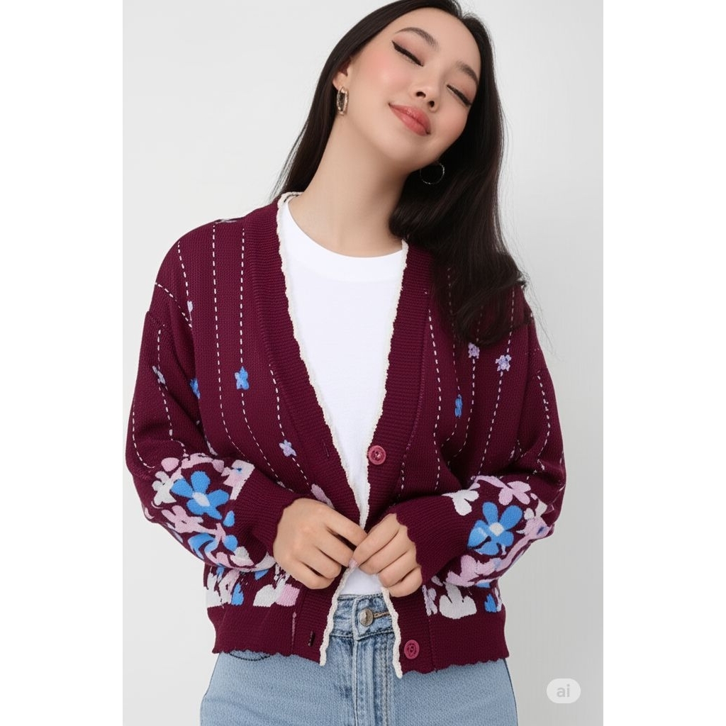 Jiiso cardigan rajut motif bunga, sweater cardigan rajut motif bunga lollipop Korea style allsize