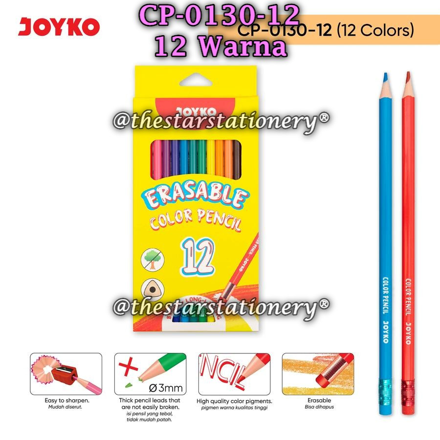 

(1 Set) GROSIR Pensil Warna JOYKO Dapat Dihapus CP-0130-12 12W Erasable Color Pencil CP-0130 (1 Set)