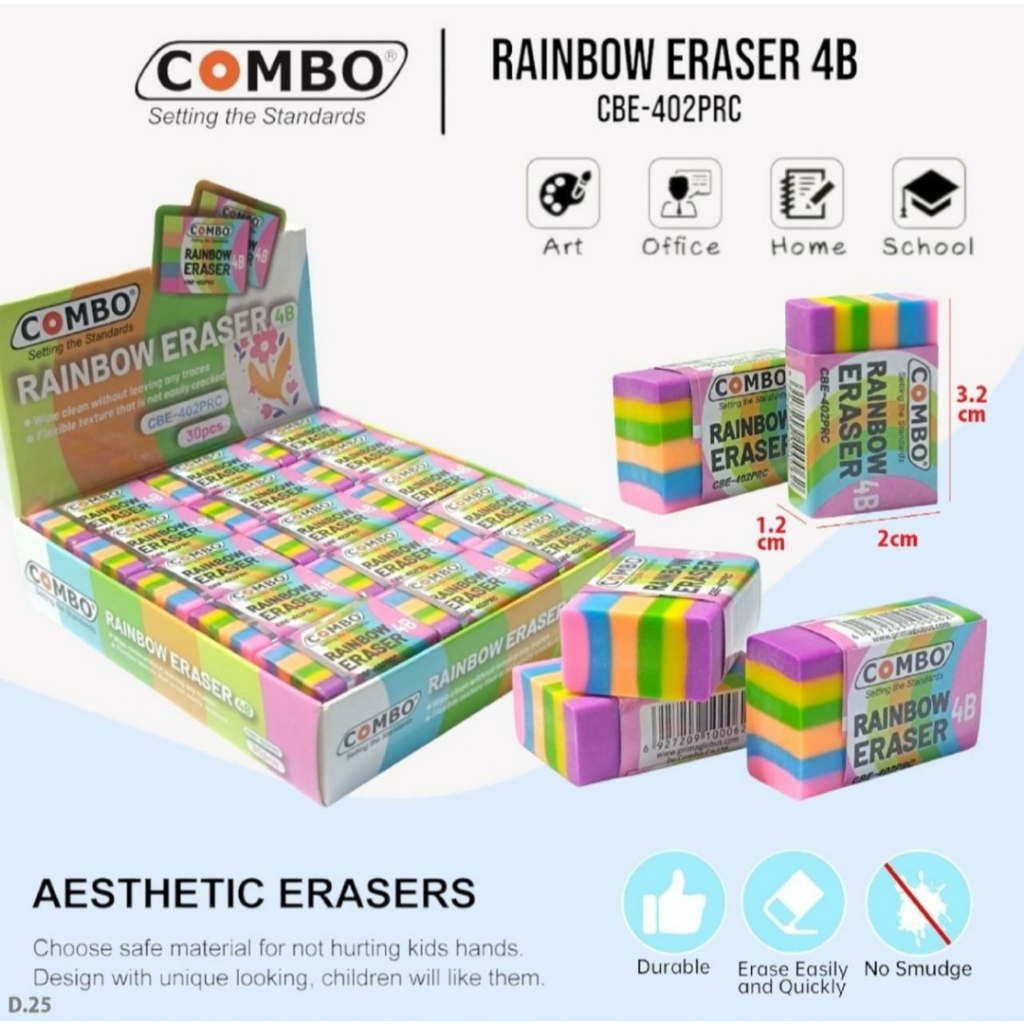 

[ BOX / 30 PCS ] ERASER PENGHAPUS STIP COMBO RAINBOW CBE-402PRC