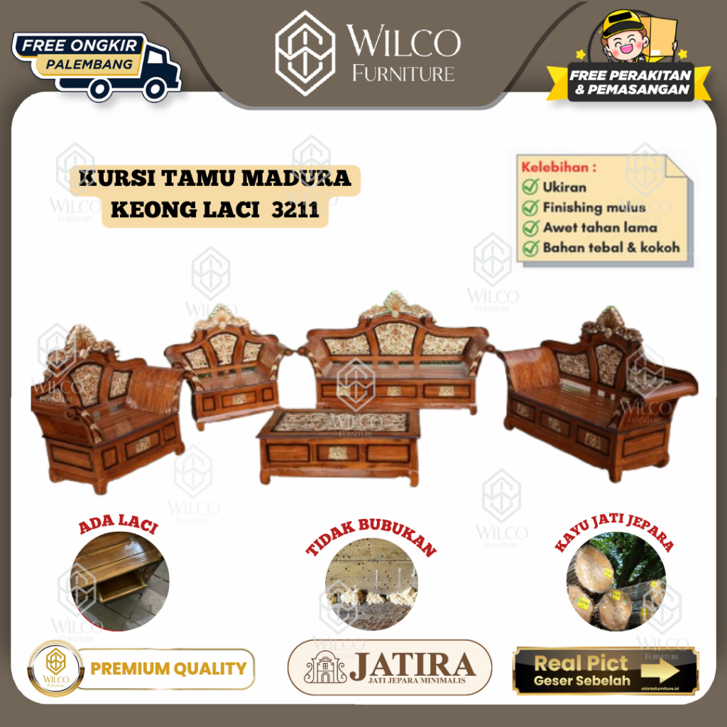 Kursi Tamu Jati Ukir Jepara Madura Keong Laci | Sofa Jati Ukir 3211 + Busa + Laci + Meja| Kursi JATI