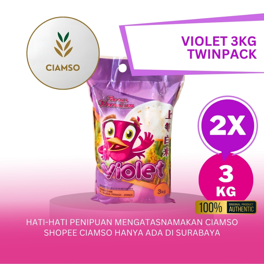 

Beras Premium Violet 3kg Isi 2 (TwinPack) Imut dan Murah (sepabrik dengan Pinpin)